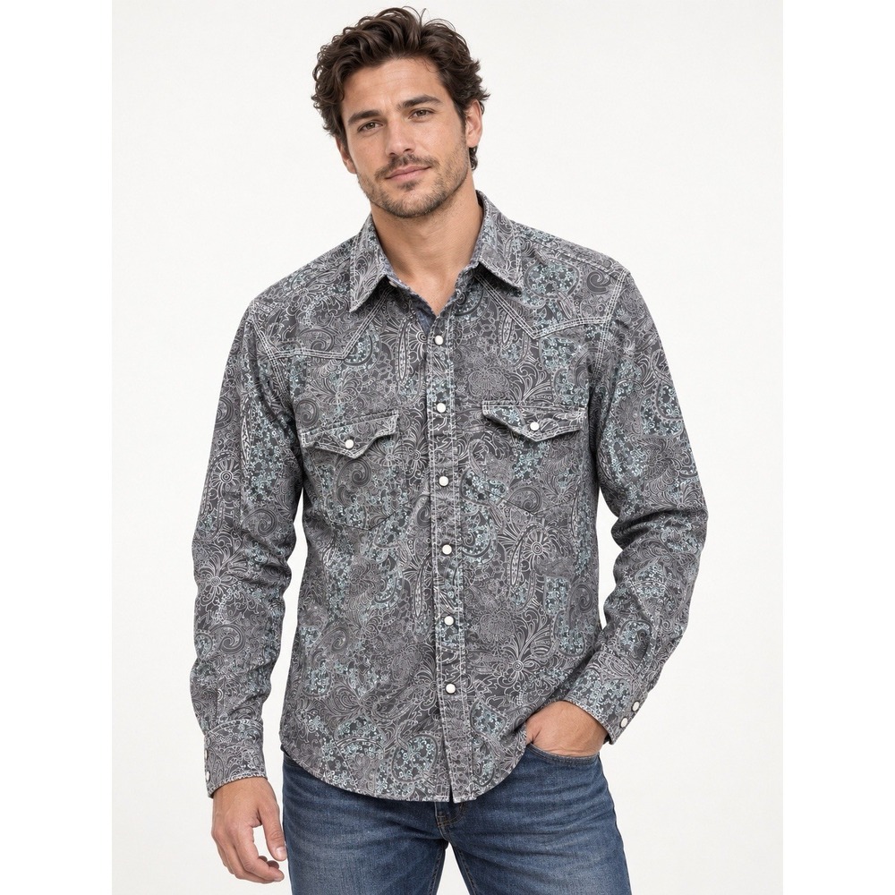 Rock & Roll Cowboy Men's M Gray Aqua Paisley Pearl Snap Western Shirt Cotton